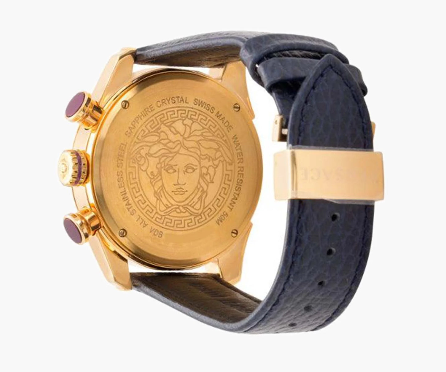 VERSACE VDB030014 V-RAY OR ROSE BRACELET CUIR BLEU MONTRE HOMME