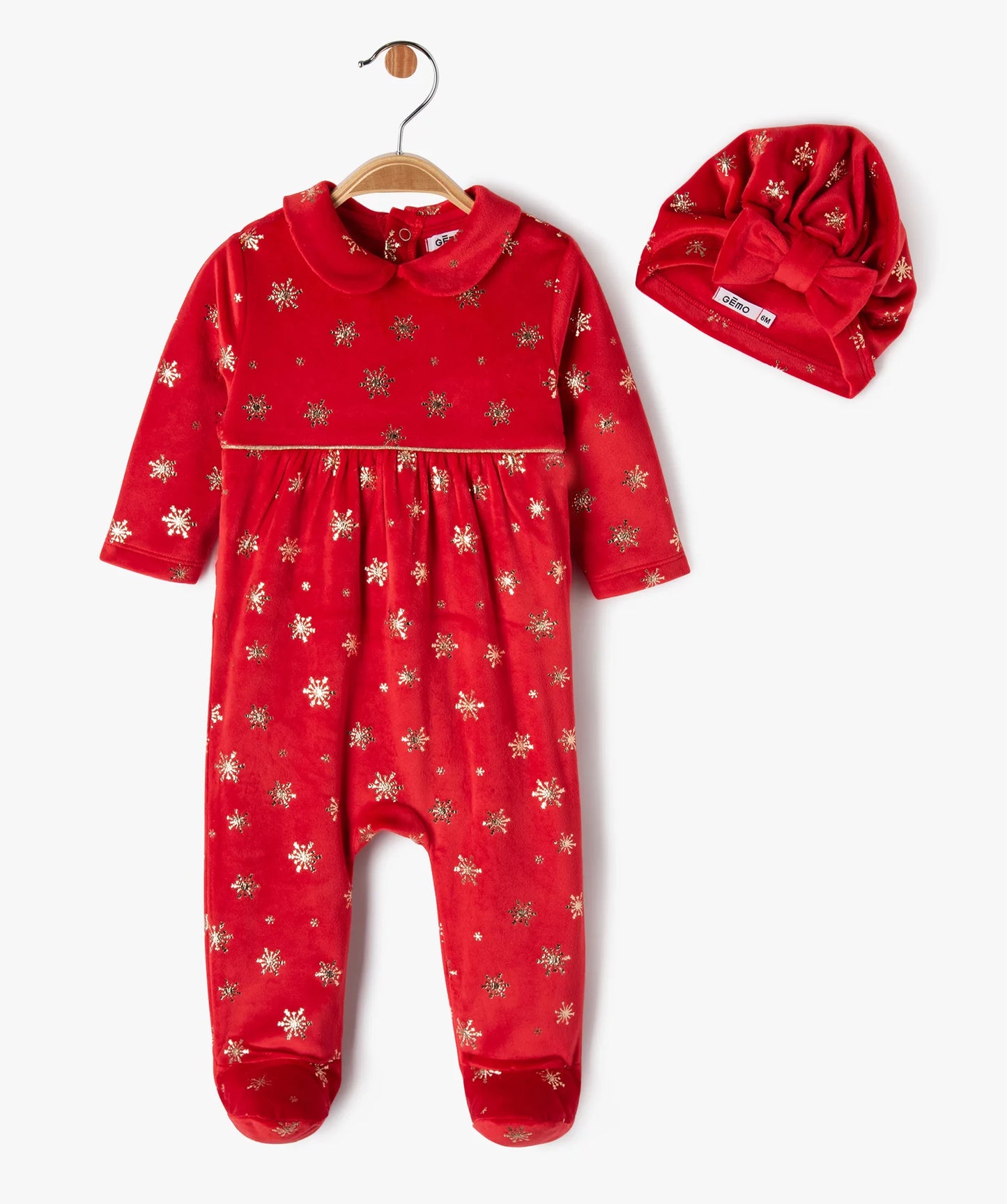 Pyjama velours spécial Noël avec bonnet bébé fille rouge