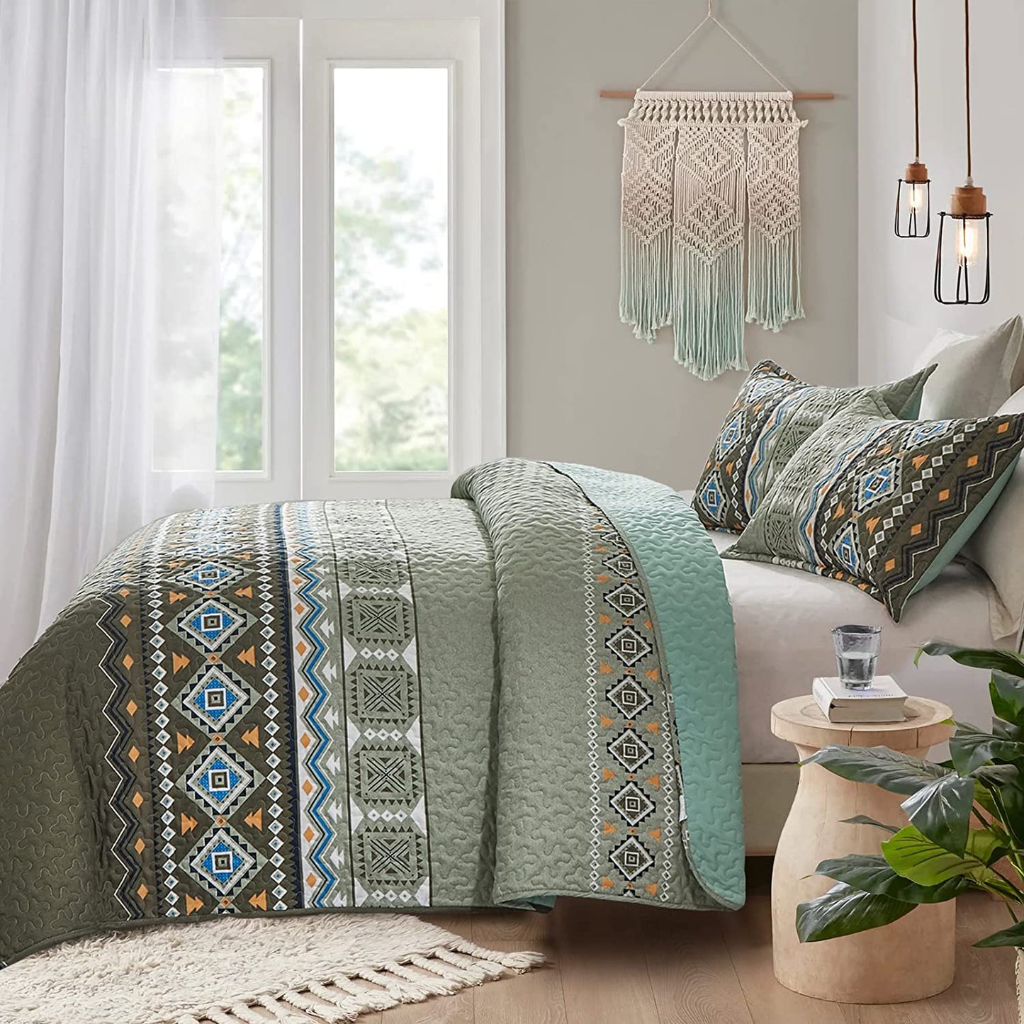 Boho Queen Quilt Set 3 Piece Olive Green Bedspread Coverlet Set with Geometry Printed for All Season,Lightweight Morden Bohemian Bedding Set 96"×90"