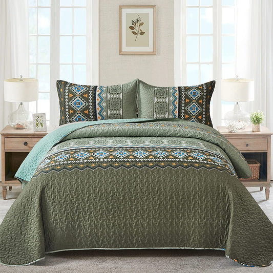 Boho Queen Quilt Set 3 Piece Olive Green Bedspread Coverlet Set with Geometry Printed for All Season,Lightweight Morden Bohemian Bedding Set 96"×90"