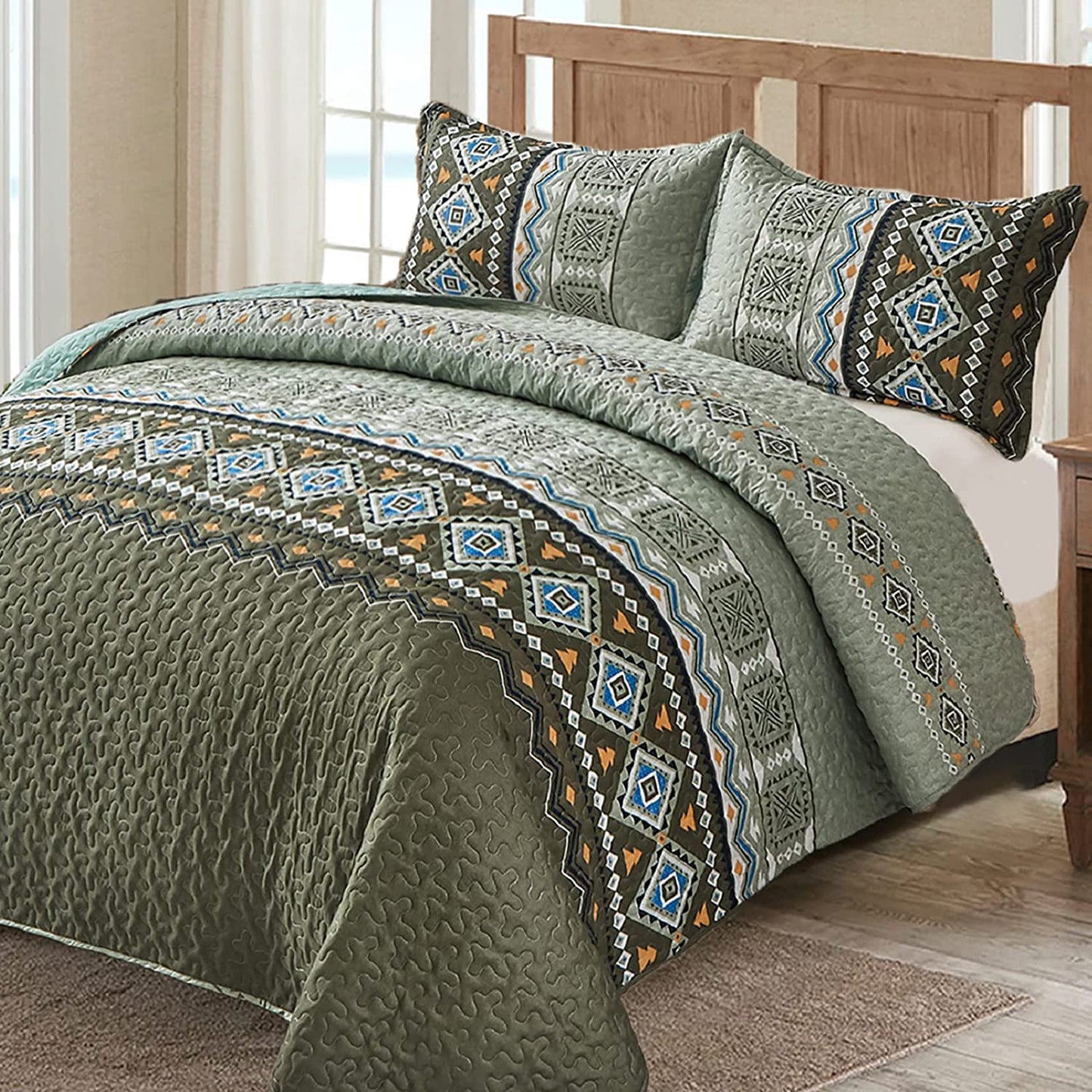 Boho Queen Quilt Set 3 Piece Olive Green Bedspread Coverlet Set with Geometry Printed for All Season,Lightweight Morden Bohemian Bedding Set 96"×90"