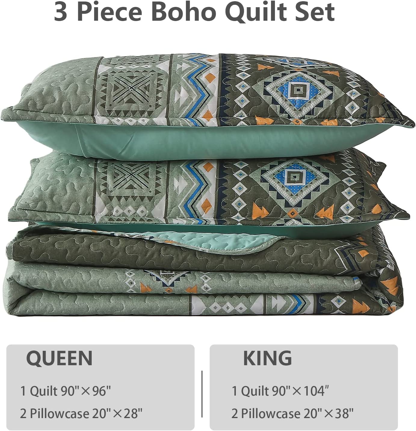 Boho Queen Quilt Set 3 Piece Olive Green Bedspread Coverlet Set with Geometry Printed for All Season,Lightweight Morden Bohemian Bedding Set 96"×90"